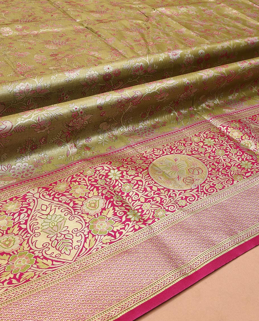 Green Art Silk Half-Saree, Finely Crafted with Jacquard Design, Contrast Intricate Motif Border, Paired with a Contrast Jacquard Blouse, and an Intricate Dhavani