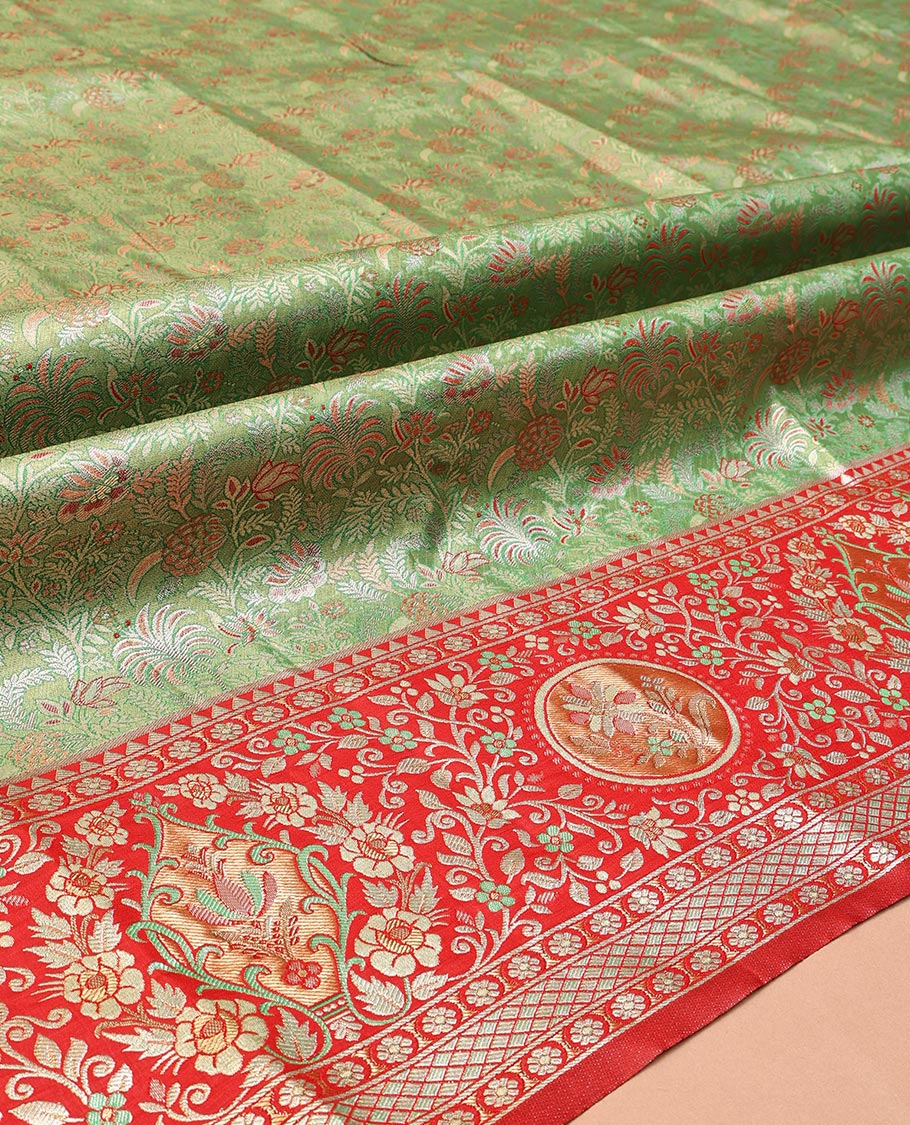 Green Art Silk Half-Saree, Decked Up with Jacquard Design, Contrast Intricate Zari Border, Paired with a Contrast Jacquard Blouse, and an Intricate Dhavani