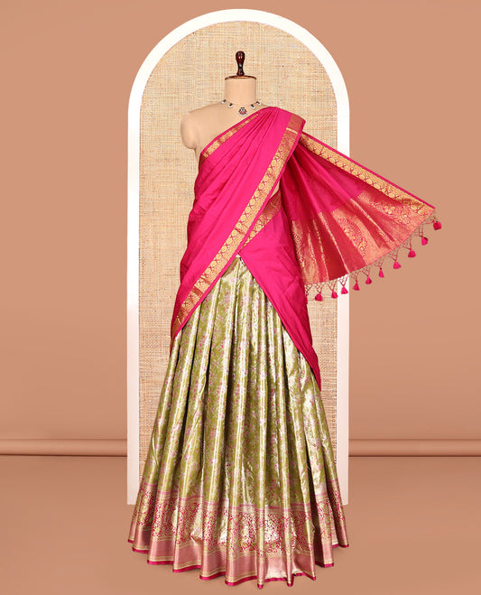 Green Art Silk Half-Saree, Finely Crafted with Jacquard Design, Contrast Intricate Motif Border, Paired with a Contrast Jacquard Blouse, and an Intricate Dhavani