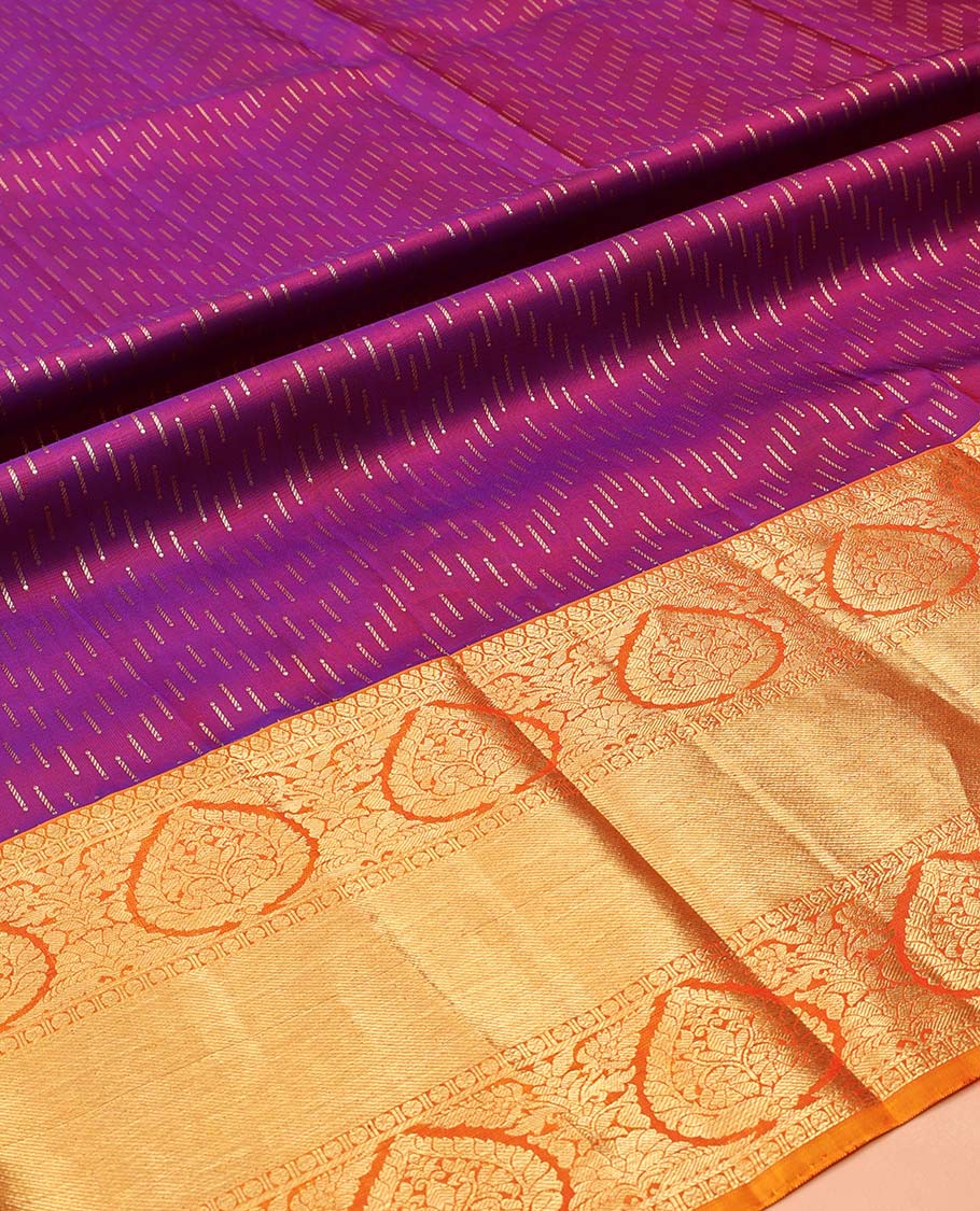 Purple Pure Silk Half-Saree, Mesmerized with Zari Buttas on Its Skirt, Complemented by a Contrast Border Featuring Traditional Zari Designs, Comes with a Contrast Blouse and a Dhavani of Mayil-Chakram Enclosed Checks