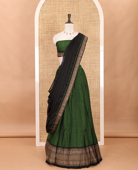 Leaf green with black cotton half saree with contrast elephant design border,elephant design blouse & zari design border dhavani
