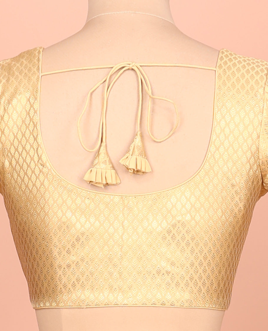 Gold leaf design front-back round neck elbow-sleeve readymade blouse