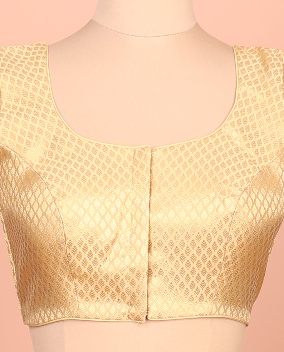 Gold leaf design front-back round neck elbow-sleeve readymade blouse