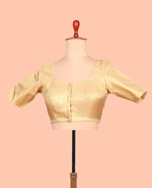 Gold leaf design front-back round neck elbow-sleeve readymade blouse