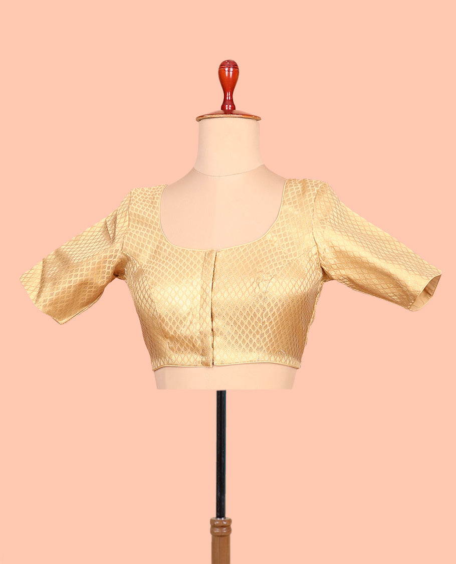 Gold leaf design front-back round neck elbow-sleeve readymade blouse
