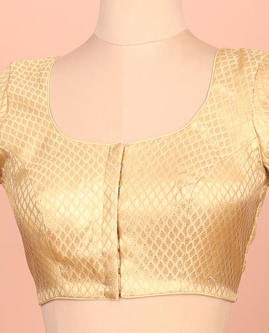 Gold leaf design front-back round neck elbow-sleeve readymade blouse