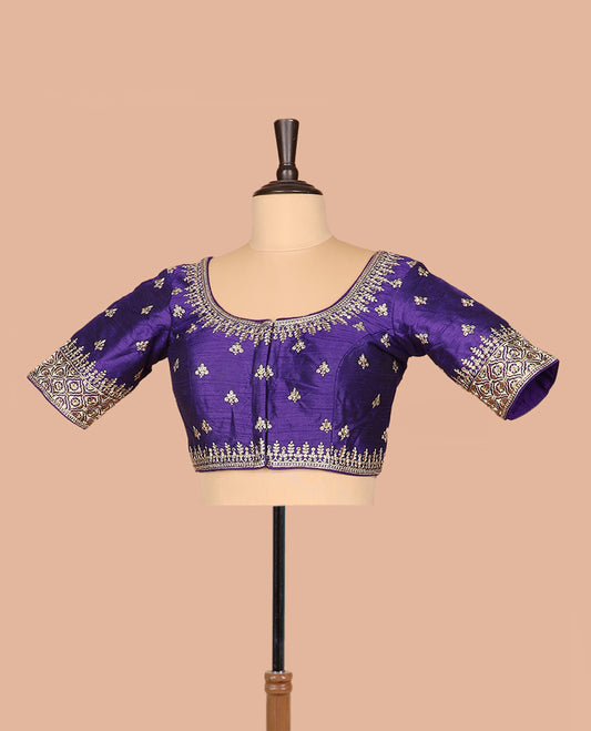 Ink blue thread embroidered front-and-back round elbow-sleeve readymade blouse