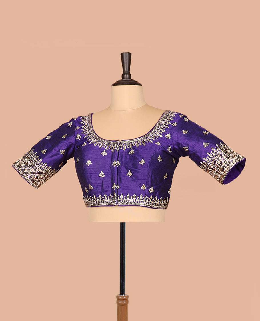 Ink blue thread embroidered front-and-back round elbow-sleeve readymade blouse