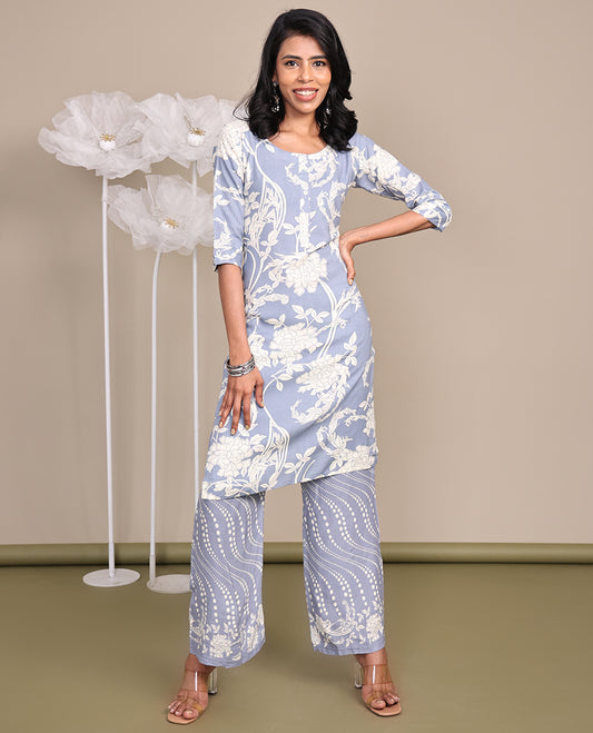 Grey Cotton Ready-Made Suit, Featuring Floral Print, a Round Front Neckline, 3/4 Sleeves, and a Straight-Cut Top, Paired with Geometric Printed Straight-Cut Pants