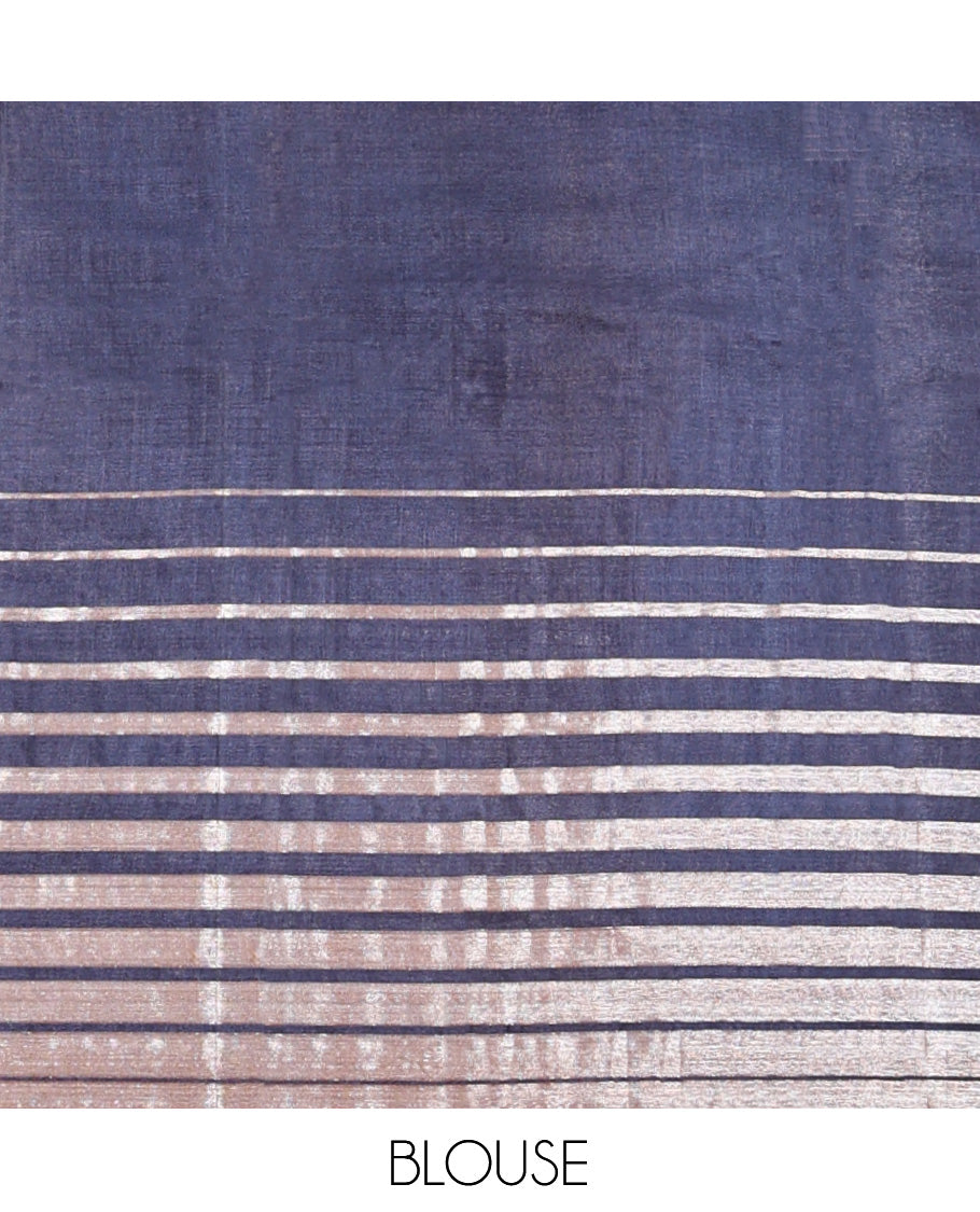 Borderless Blue Tussar Silk Saree, Gracefully Embellished with Zari Stripes and Floral Buttas, Striped Pallu, and a Matching Blouse