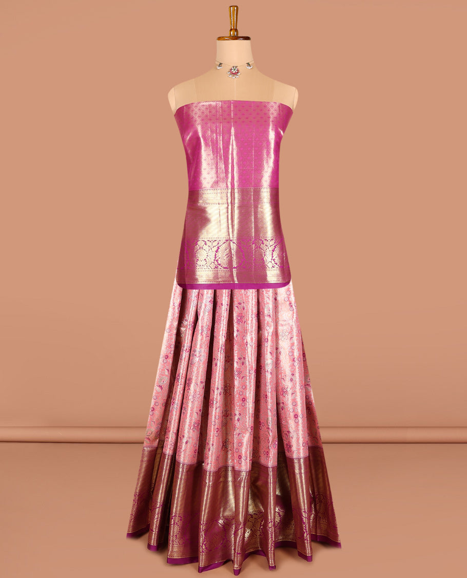 Pink art silk half saree material , floral jacquard with contrast traditional zari bordered skirt, jacquard blouse, and floral-paisley dhavani