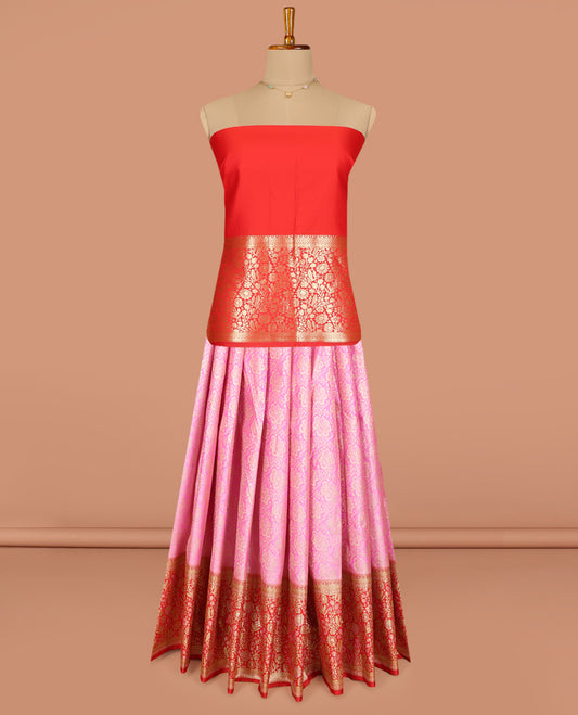 Pink Art Silk Pavadai Material, Bedecked with Jacquard Design, Contrast Floral Zari Design Border, and a Contrast Blouse