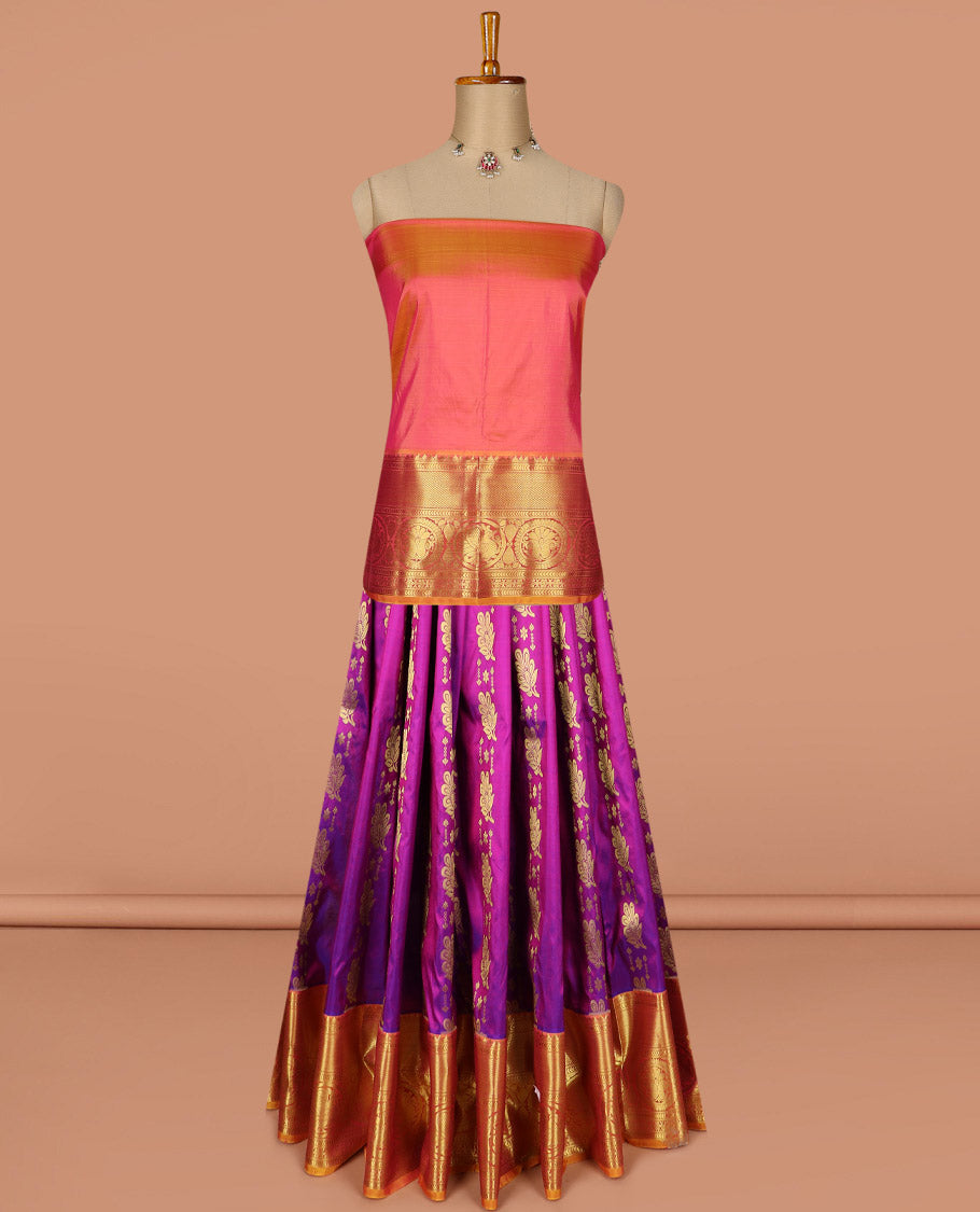 Purple pure silk half saree, zari design skirt, contrast border and blouse of kathir, kuyil kann, rettai manga and mayil designs, and floral jaal dhavani