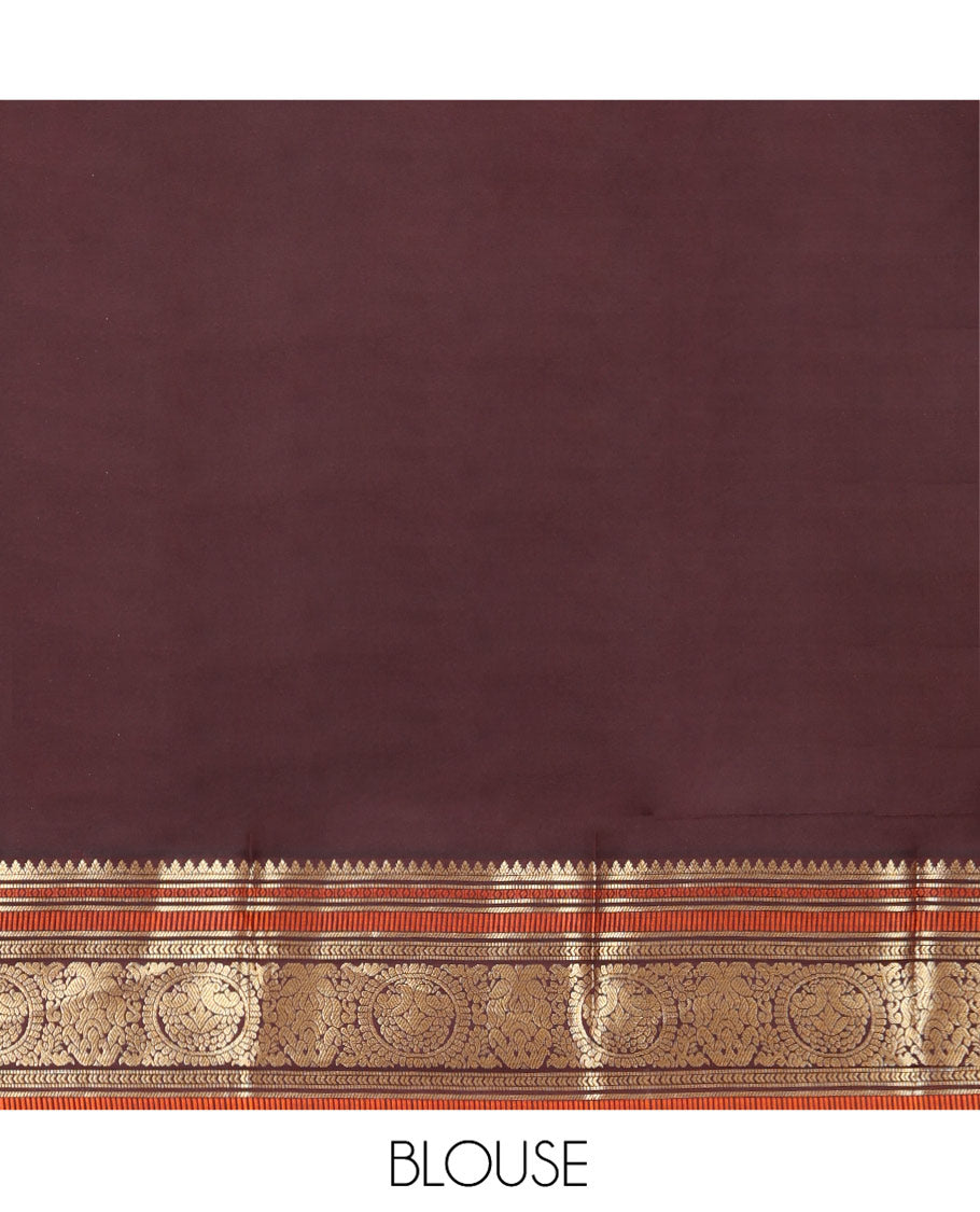Red Plain Vasundhara Lite Silk Saree, Complemented by a Contrast Border of Banaras, Diamond, Muthu, Kathir, and Round Mayil Designs, Grand Jaal Pallu, and Paired with a Contrast Blouse