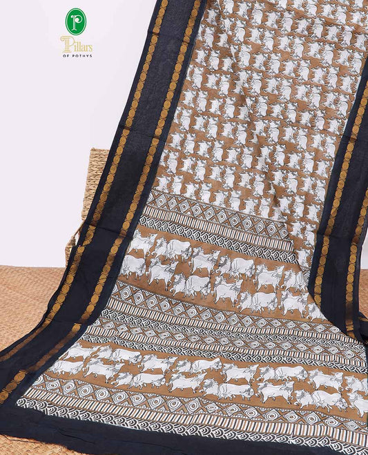Mustard pichwai printed sungudi cotton saree with contrast double pad, rudraksh border