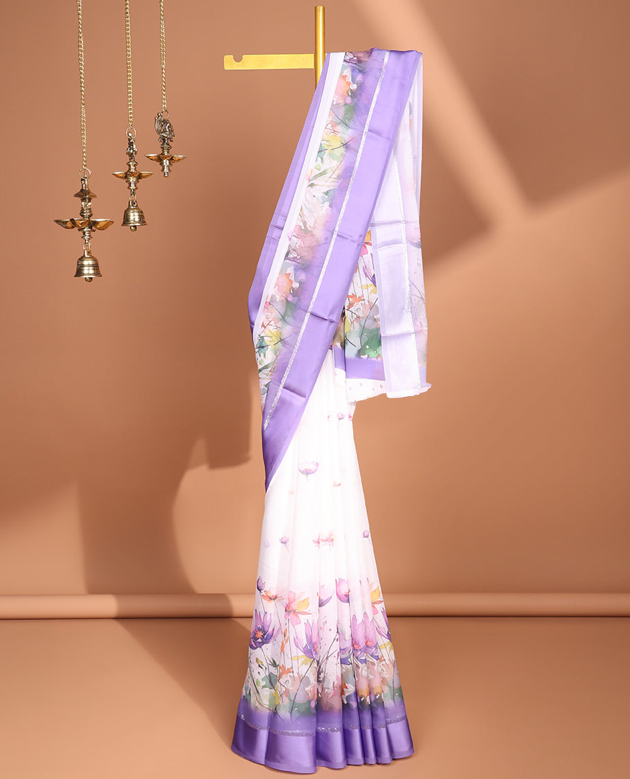 White digital floral design moss chiffon saree with contrast lavender zari border & floral design pallu