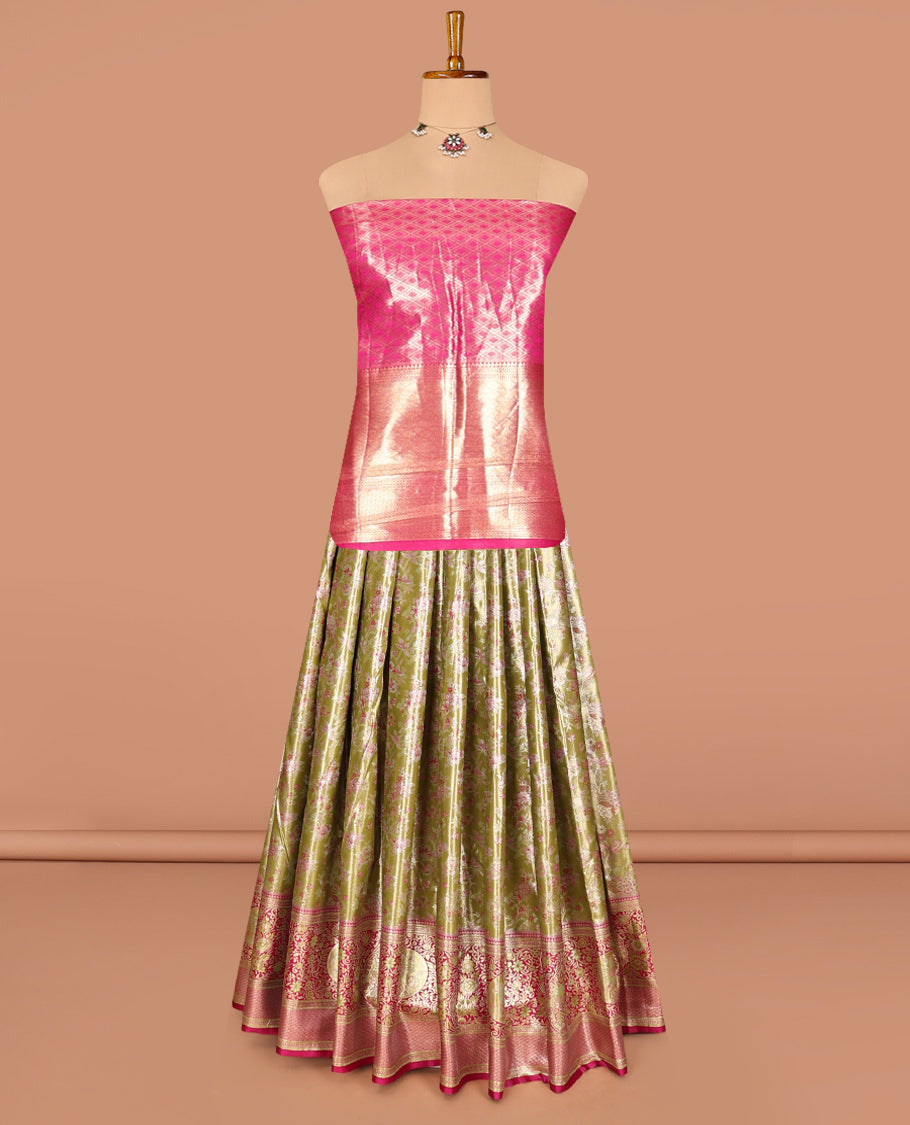 Green Art Silk Half-Saree, Finely Crafted with Jacquard Design, Contrast Intricate Motif Border, Paired with a Contrast Jacquard Blouse, and an Intricate Dhavani