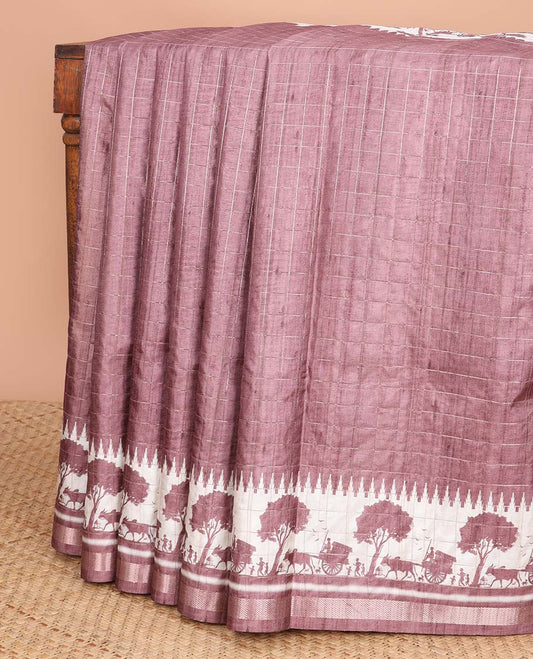 Brown checked semi-banaras tussar saree with self - bullock cart border & checked pallu