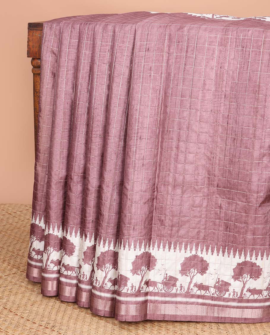 Brown checked semi-banaras tussar saree with self - bullock cart border & checked pallu