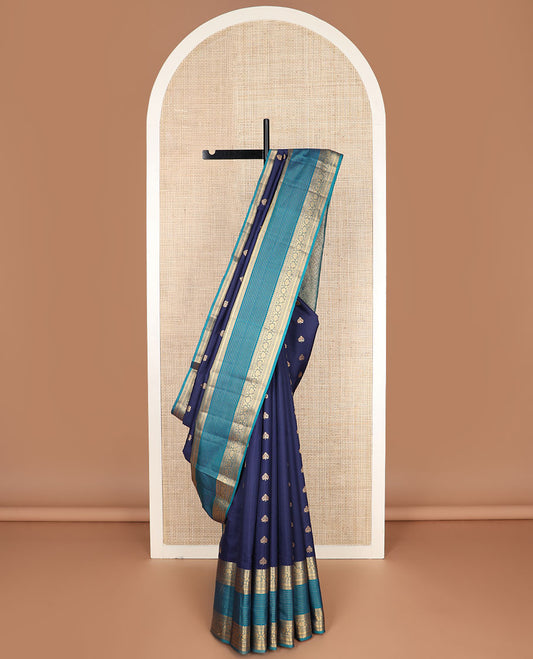 Blue zari buttas vasundhara silk mix saree, contrast geometric pallu & border of thilakam mokku,neli,poun,stripes & kodi visiry
