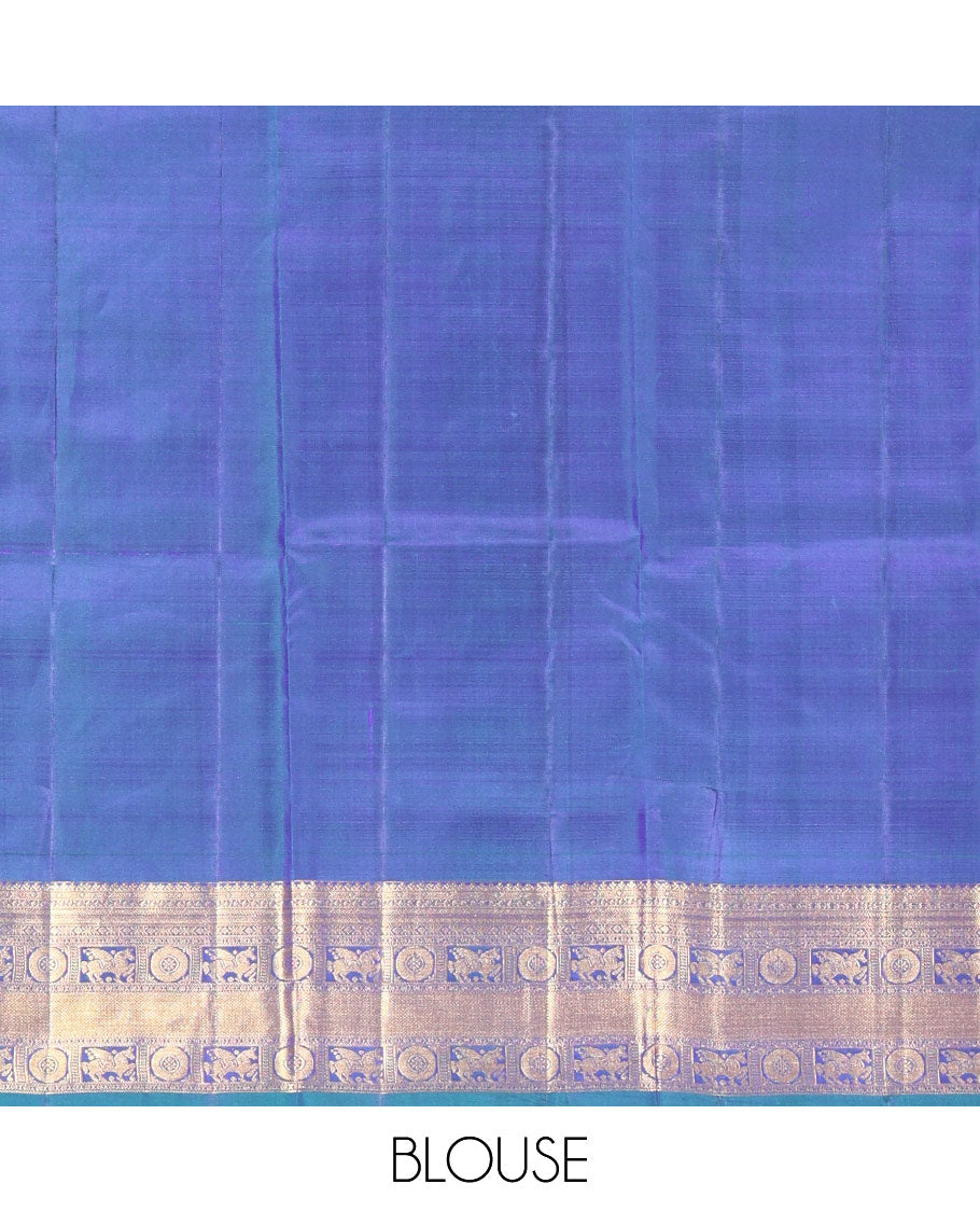Blue Zari Buttas Enclosed in a Checked Vasundhara Silk Saree, Zari Border Adorned with Kuthirai and Chakram Designs, and Pallu Features Intricate Designs in Zari