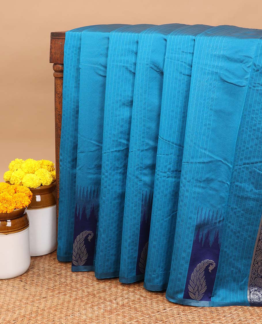 Blue vaira ousi model design litchi soft silk saree  with self border of temple , white zari manga design & contrast pallu