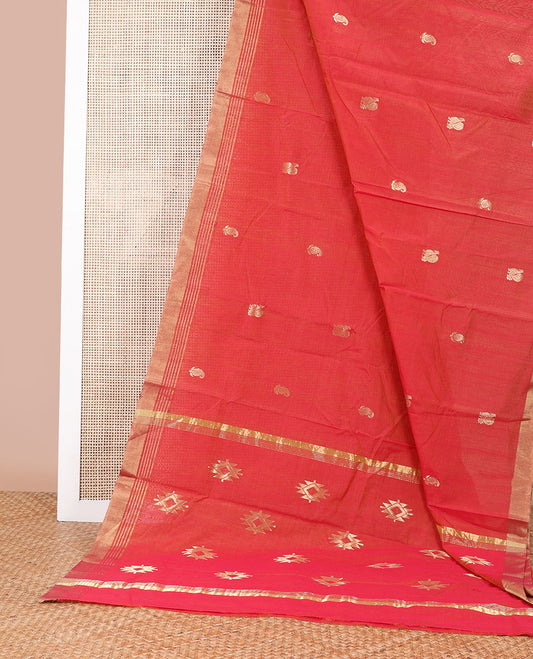 Orange floral, animal motifs chanderi cotton saree with self zari border & geometric design pallu