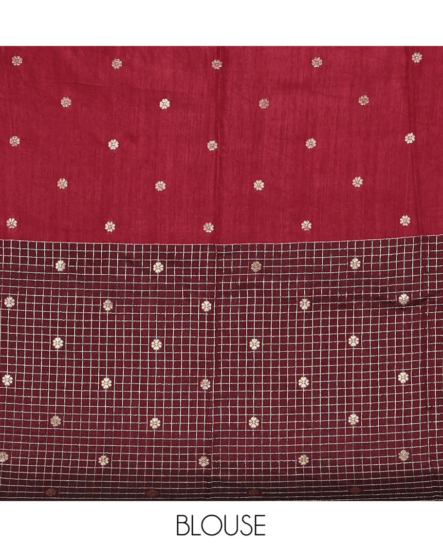 Coffee Maroon H O-Silk Saree, Richly Detailed with Zari Buttas and Zari Checks On Its Body, Accentuated with Contrast Big Chakram Motifs Woven Border, Grand Jaal Design Woven Pallu, and Paired with a Checked Blouse