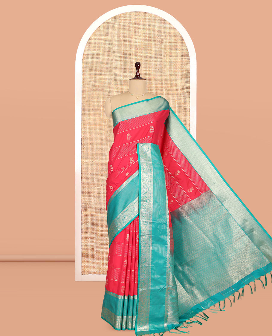 Pink-Sapphire Blue Zari Design Budget Silk Saree, Contrast Traditional Border, Grand Pallu, a Contrast Blouse