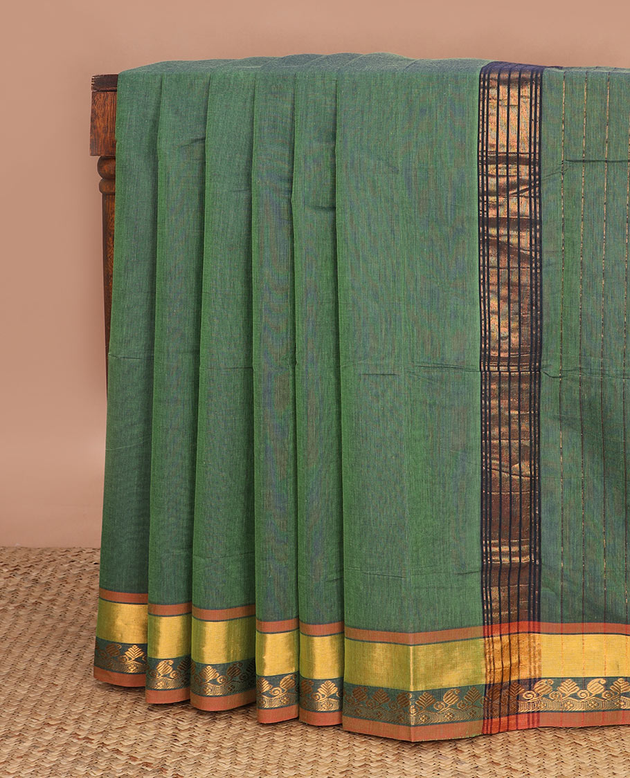 Green plain design Venkatagiri cotton saree, contrast zari paisley design border & zari striped pallu
