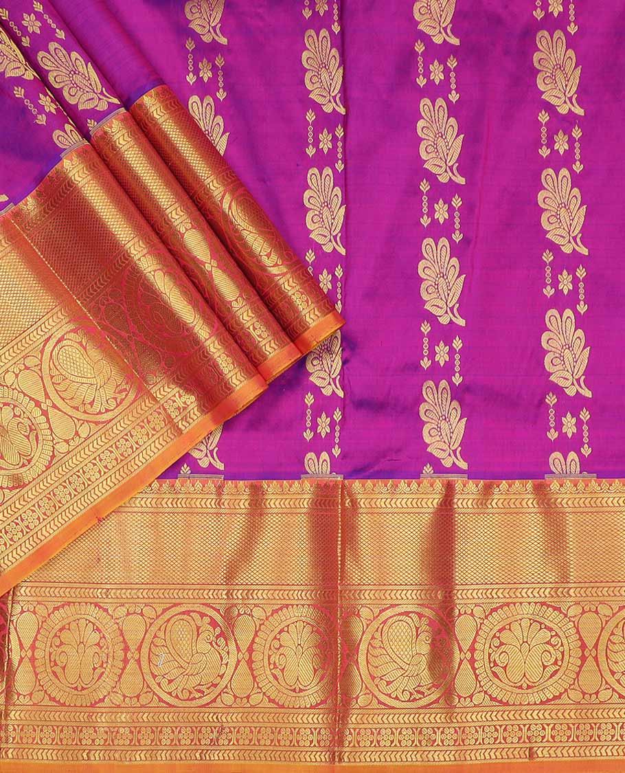 Purple pure silk half saree, zari design skirt, contrast border and blouse of kathir, kuyil kann, rettai manga and mayil designs, and floral jaal dhavani