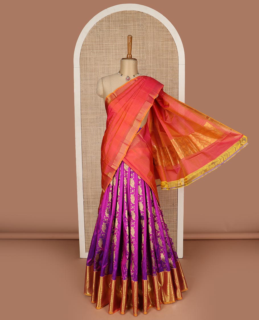 Purple pure silk half saree, zari design skirt, contrast border and blouse of kathir, kuyil kann, rettai manga and mayil designs, and floral jaal dhavani