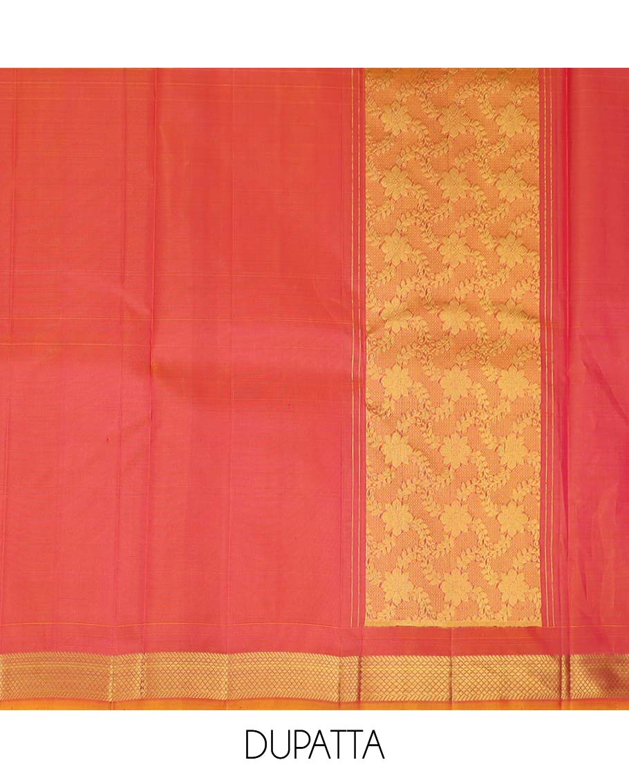 Purple pure silk half saree, zari design skirt, contrast border and blouse of kathir, kuyil kann, rettai manga and mayil designs, and floral jaal dhavani