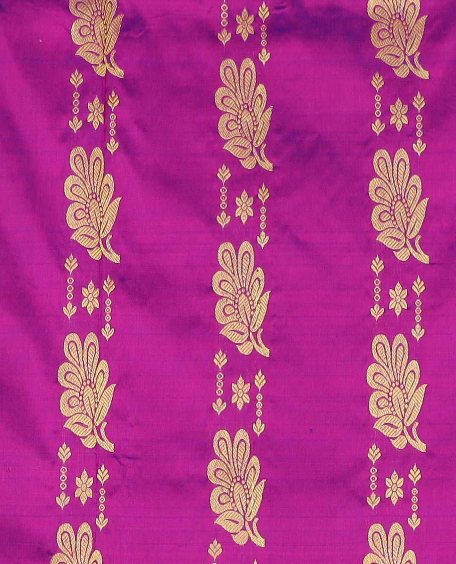 Purple pure silk half saree, zari design skirt, contrast border and blouse of kathir, kuyil kann, rettai manga and mayil designs, and floral jaal dhavani