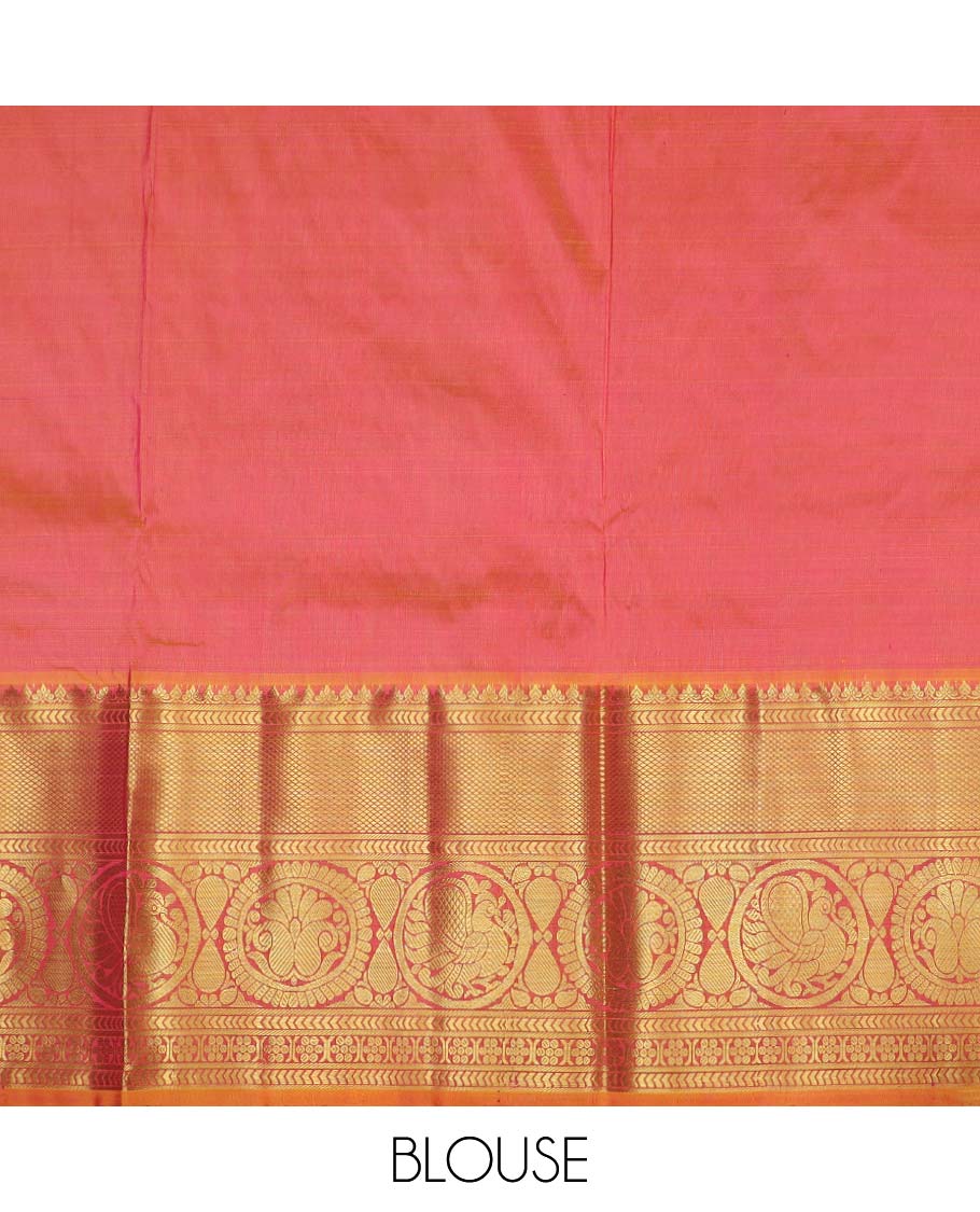 Purple pure silk half saree, zari design skirt, contrast border and blouse of kathir, kuyil kann, rettai manga and mayil designs, and floral jaal dhavani