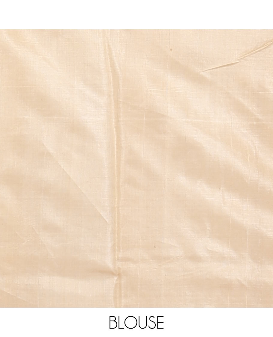 Cream Plain Tussar Silk Saree, a Gleaming Temple Zari Border, a Striped Pallu, and a Matching Blouse