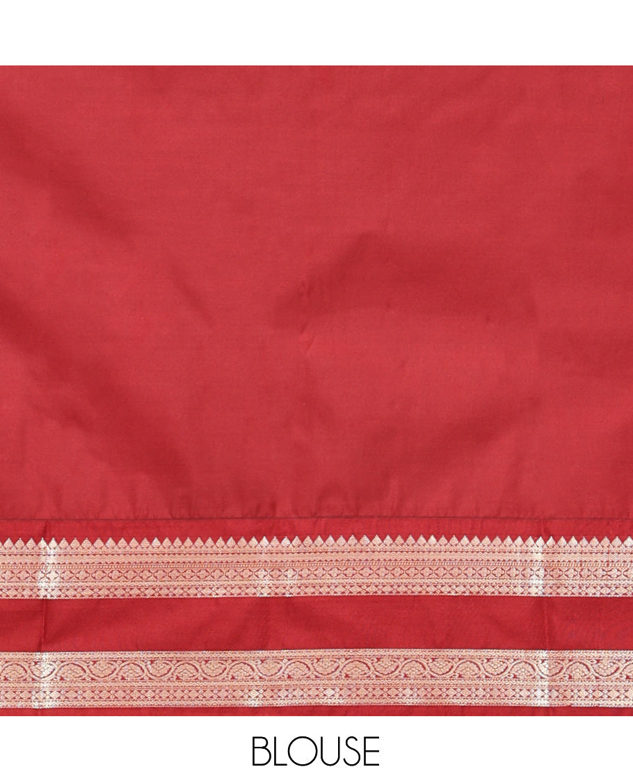 Yellow Budget Silk Saree, Subtly Sparkled with Stripes and Buttas, Contrast Traditional Rettai Pettu Border, Grand Pallu, and a Contrast Blouse