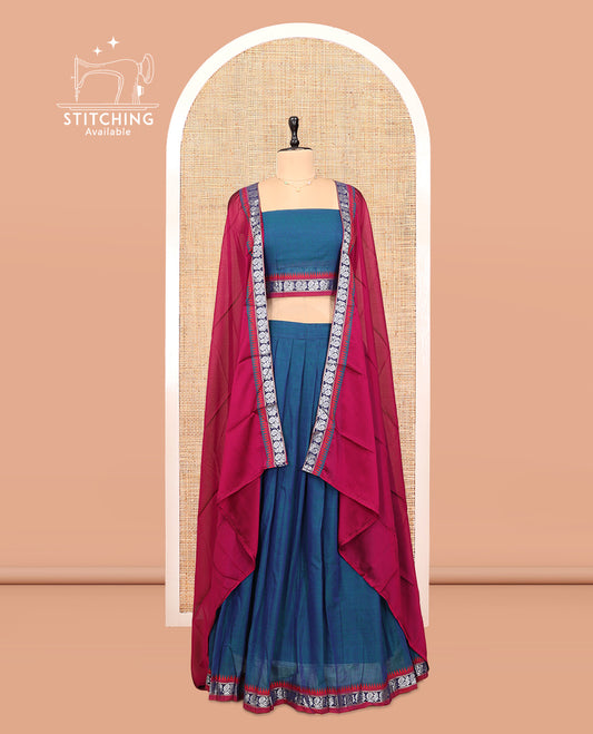 Blue Cotton Half-Saree Features Plain Skirt, a Contrast Peacock Temple Border, a Matching Blouse, and a Contrast Dhavani