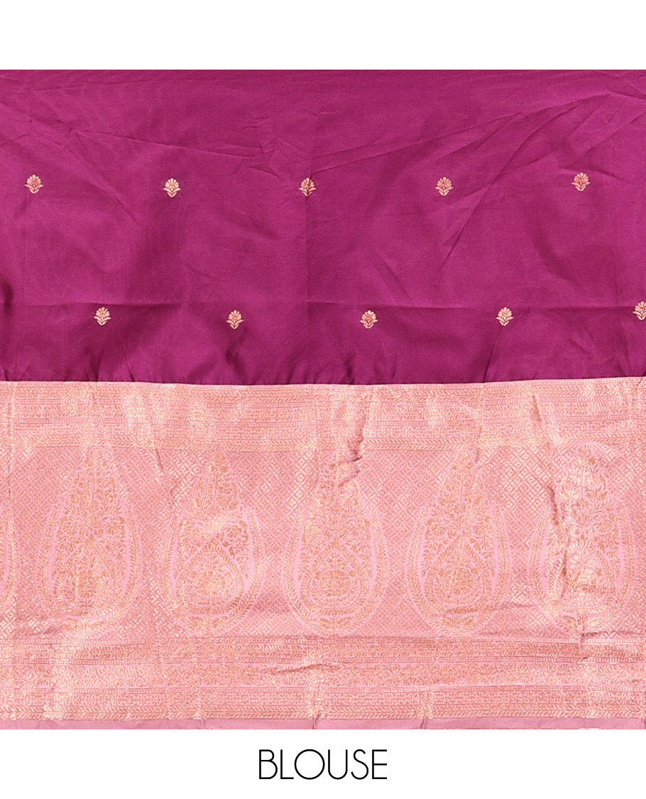Purple Art Silk Half Saree Features Buttas Skirt, Complemented by Contrast Traditional Border, Matching Blouse, and a Plain Zari-Bordered Dhavani