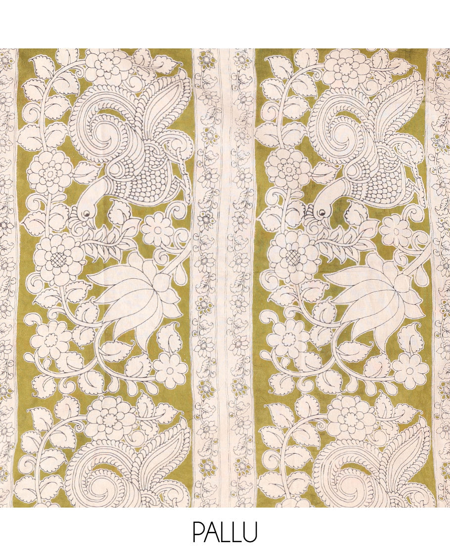 Red Kalamkari Cotton Saree, Adorned with Floral Vine Print, Contrast Printed Border, Kalamkari Peacock Motifs Pallu, and a Contrast Blouse