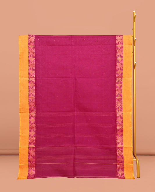 Pink Bengal Cotton Saree, Sparsely Woven with Buttas on Its Body, Complemented by a Contrast Floral Design Border, Pallu of Stripes and Buttas, and Paired with a Matching Blouse