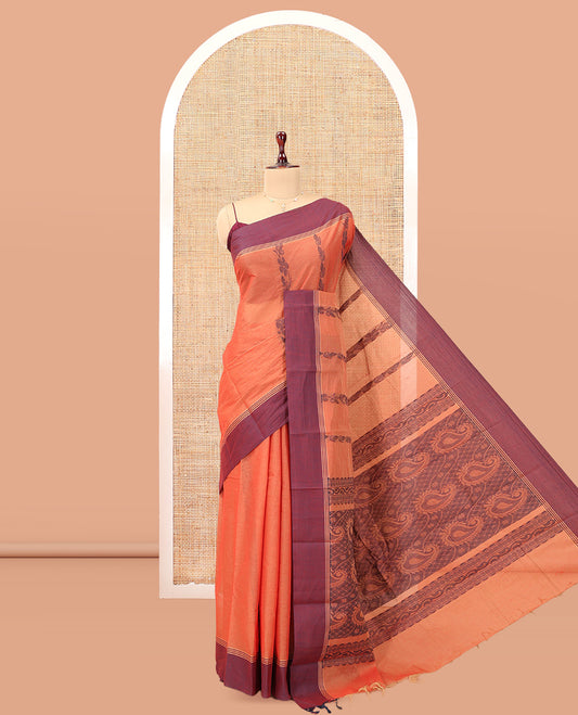 Orange Kanchi Cotton Saree, Woven with Floral Designs, a Contrast Border, Paisley Pallu, and a Matching Blouse