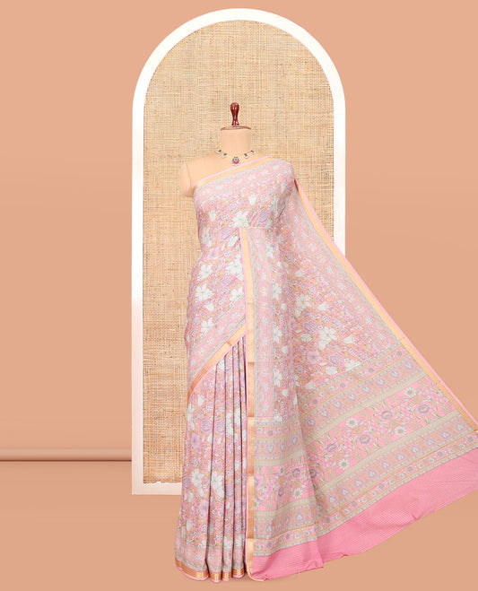 Baby Pink Printed Silk Saree, Ornamented with Floral Print, a Zari Border, Floral Printed Pallu, and a Matching Blouse