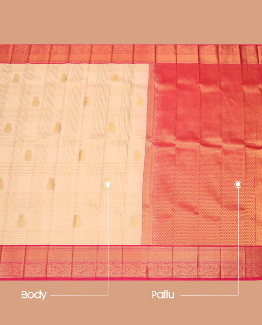 Sandal Budget Silk Saree, Sparsely Woven with Zari Butta Enclosed Checks, Complemented by a Contrast Traditional Border, Grand Jaal Pallu, and a Contrast Blouse