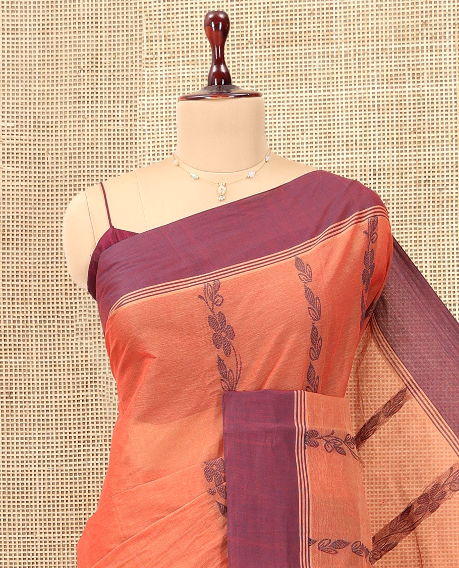 Orange Kanchi Cotton Saree, Woven with Floral Designs, a Contrast Border, Paisley Pallu, and a Matching Blouse