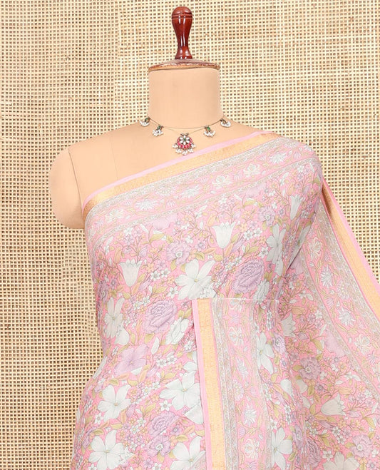 Baby Pink Printed Silk Saree, Ornamented with Floral Print, a Zari Border, Floral Printed Pallu, and a Matching Blouse