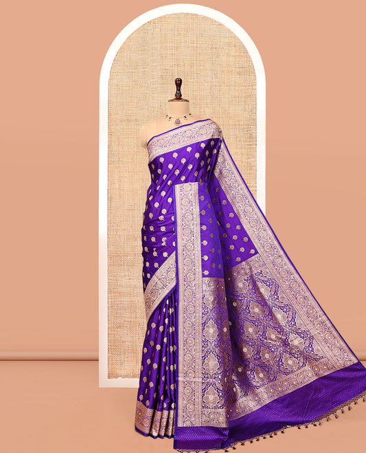 Violet Banarasi Satin Saree, Elevated with Zari Buttas, a Floral Creeper Border, Intricate Stonework Pallu, and a Matching Blouse
