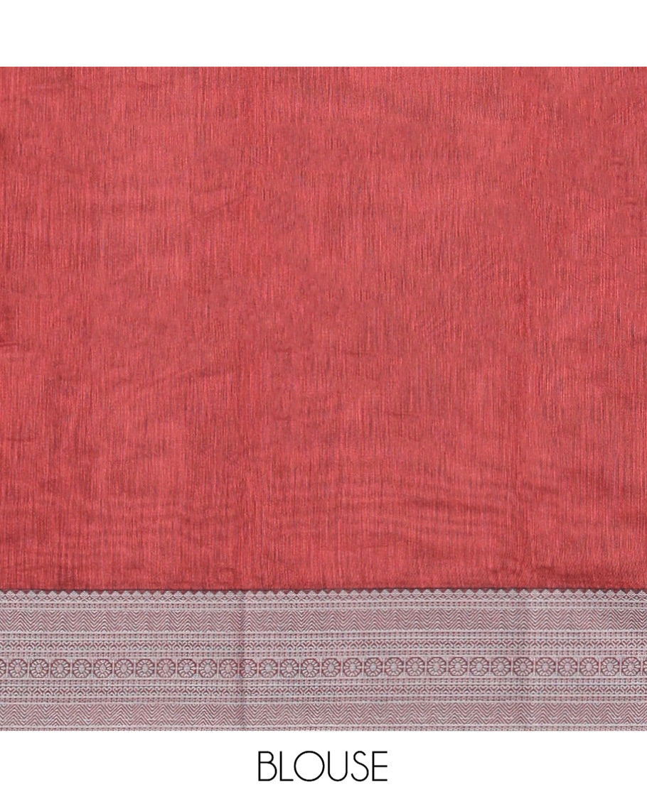 Maroon Semi-Silk Cotton Saree, Delicately Designed with Buttas All Over Its Body, Traditional Design Border of Paisleys, Geometric-Patterned Pallu, and Paired with a Matching Blouse