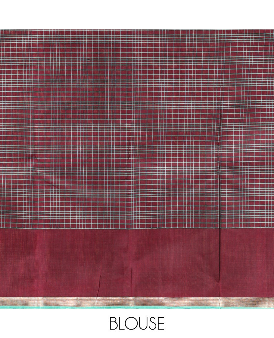 Maroon Checked Kanchipuram Silk Saree, a Self-Border of Unique Motifs, Grand Jaal Pallu, and a Matching Blouse