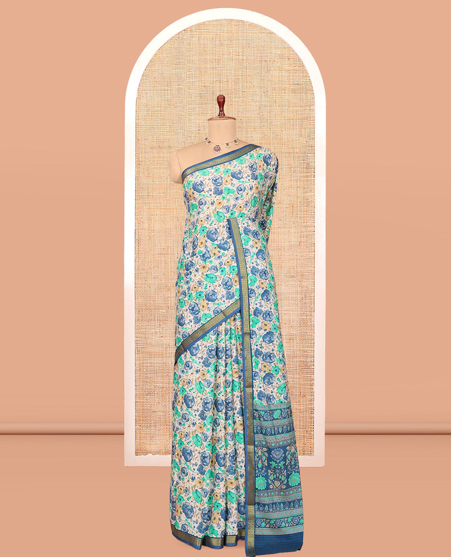 Blue Printed Silk Saree, Graced with Floral Print, a Traditional Zari Border, Floral Pallu, and a Matching Blouse